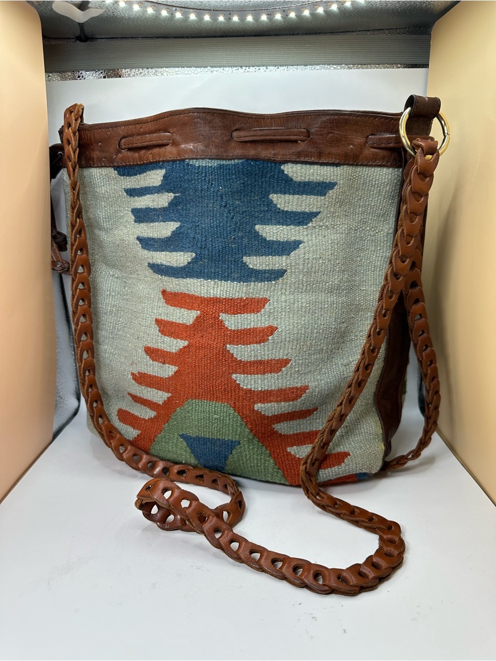 Boho Kilim Wool Tribal Pattern Leather-Trim Crossbody Bag - Brown/Blue/Orange.